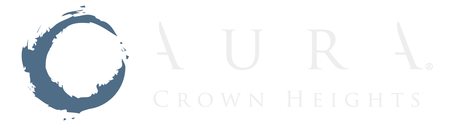 A logo with a circle and the word "AURA" above it and the words "CROWN HEIGHTS" below it.